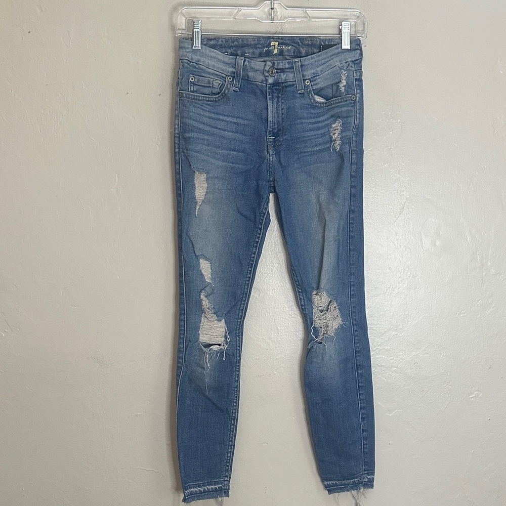 7 For All Mankind Ripped Blue Skinny Jeans